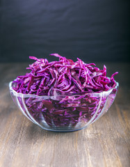 Chopped purple cabbage in a glass plate