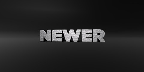 NEWER - hammered metal finish text on black studio - 3D rendered royalty free stock photo. This image can be used for an online website banner ad or a print postcard.