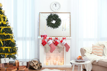 Interior of beautiful living room decorated for Christmas