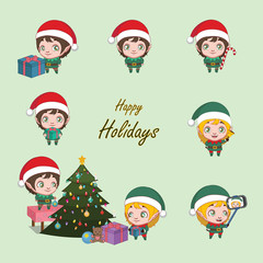 Set of cute elves with different activities