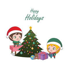 Cute Christmas scene illustration with elves