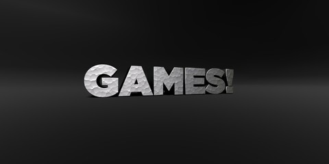 GAMES! - hammered metal finish text on black studio - 3D rendered royalty free stock photo. This image can be used for an online website banner ad or a print postcard.