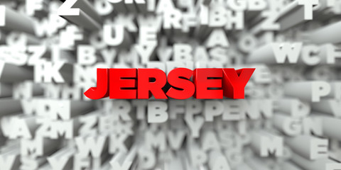 JERSEY -  Red text on typography background - 3D rendered royalty free stock image. This image can be used for an online website banner ad or a print postcard.