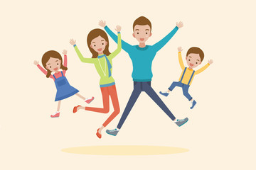 Fototapeta na wymiar Young happy family jumping isolated on a Beige background