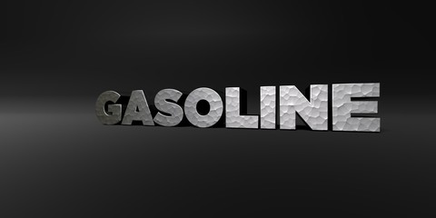 GASOLINE - hammered metal finish text on black studio - 3D rendered royalty free stock photo. This image can be used for an online website banner ad or a print postcard.