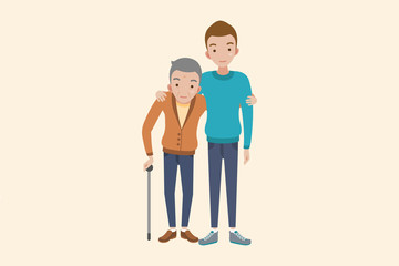 Cheerful father and son hugging and posing together isolated on Beige background