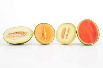 Melonen, Wassermelone, Galia, Futuro, Cantaloupe, aufgeschnitten