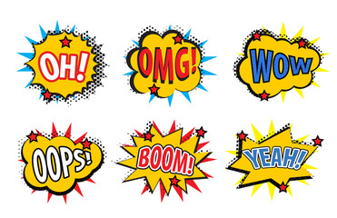 Set comic stickers, retro style. Set comic stickers icons isolated on white background. Set pop art stickers, comic style design element. Vector illustration