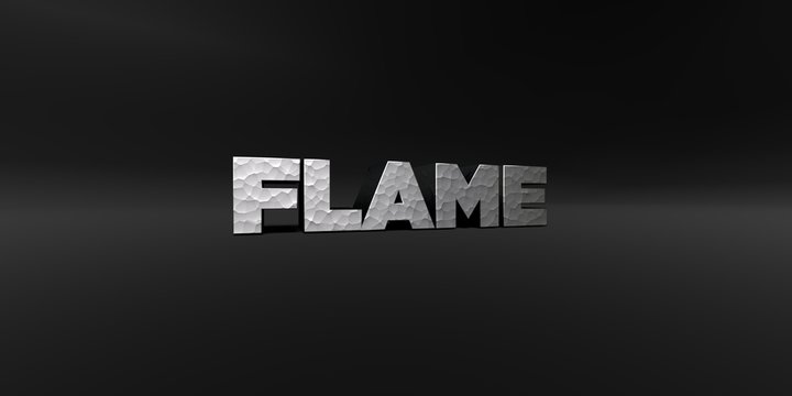 FLAME - hammered metal finish text on black studio - 3D rendered royalty free stock photo. This image can be used for an online website banner ad or a print postcard.