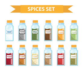 Set spices in jars, flat style. Set of different spices, herbs in a glass jar, isolated icons on a white background. Spices, seasonings in a glass jar, a design element. Vector illustration