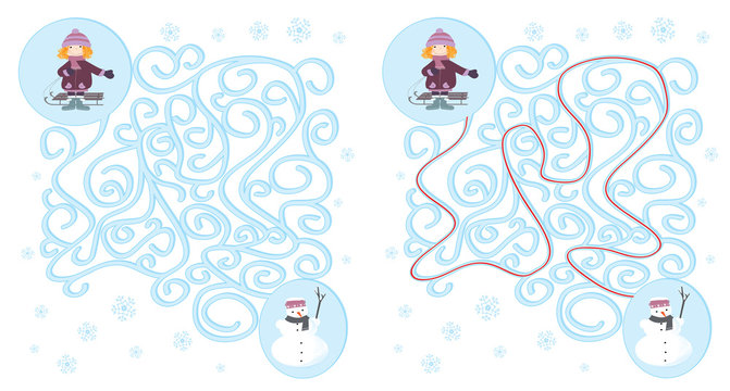 Maze game with a cartoon child and a snowman / winter play / with solution