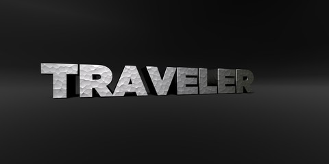 TRAVELER - hammered metal finish text on black studio - 3D rendered royalty free stock photo. This image can be used for an online website banner ad or a print postcard.