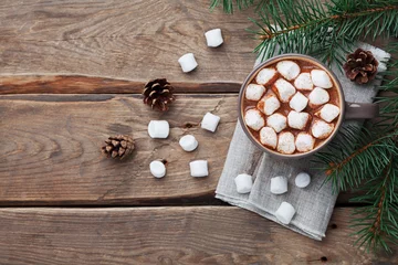 Foto auf Acrylglas Schokolade Tasse heiße Schokolade auf rustikalem Holztisch von oben. Leckeres Wintergetränk. Flach liegen.