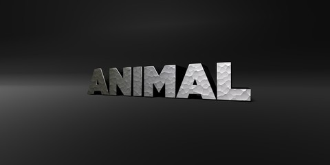 ANIMAL - hammered metal finish text on black studio - 3D rendered royalty free stock photo. This image can be used for an online website banner ad or a print postcard.