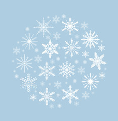 Snowflakes set in a circular form. Snowball. Christmas and New Year greeting card, invitation template. Vector illustration