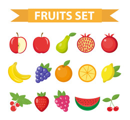 Fruits and berries icon set. Fruits icon set , isolated on white background. Apple, Orange, Pear, Strawberry, Grape, Watermelon, Lemon, Pomegranate, Blackberry, Currants, Cherry. Vector illustration.