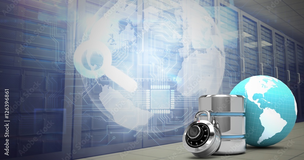 Poster composite image of database server icon with lock and earth
