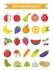 Fruits and vegetables icon set, flat style. Fruits, berries and vegetables set set isolated on a white background. Fruits and vegetables. Vegetarian food. Vector illustration