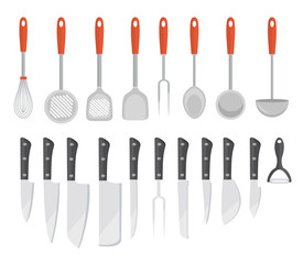 Set kitchen tools, flat style. Set cooking utensils, icons  isolated on white background. Set of tools for cooking design element. Vector illustration