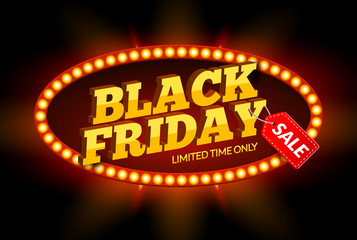 Black Friday SALE frame design template. Black friday discount retro banner with neon sign light frame. Vector illustration