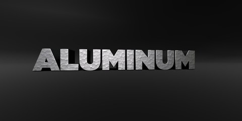 ALUMINUM - hammered metal finish text on black studio - 3D rendered royalty free stock photo. This image can be used for an online website banner ad or a print postcard.