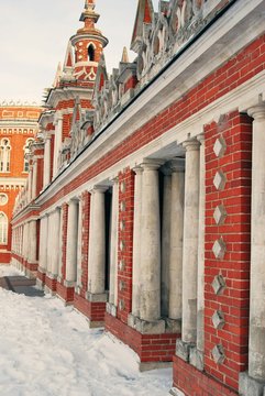 Architecture of Tsaritsyno park in Moscow. Color photo.