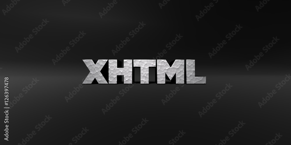 Fototapete XHTML - hammered metal finish text on black studio - 3D rendered royalty free stock photo. This image can be used for an online website banner ad or a print postcard.