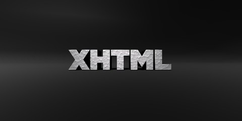 XHTML - hammered metal finish text on black studio - 3D rendered royalty free stock photo. This image can be used for an online website banner ad or a print postcard.
