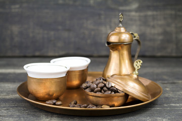 Turkish coffee with traditional copper serving set