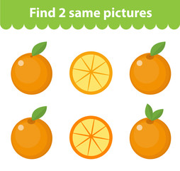 Children's educational game. Find two same pictures. Set of orange, for the game find two same pictures. Vector illustration.