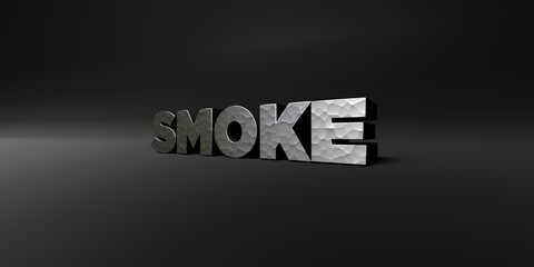SMOKE - hammered metal finish text on black studio - 3D rendered royalty free stock photo. This image can be used for an online website banner ad or a print postcard.