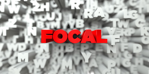 FOCAL -  Red text on typography background - 3D rendered royalty free stock image. This image can be used for an online website banner ad or a print postcard.