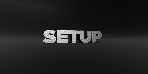 SETUP - hammered metal finish text on black studio - 3D rendered royalty free stock photo. This image can be used for an online website banner ad or a print postcard.