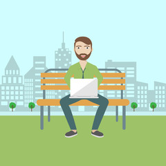 Man with beard sitting in the park and working with laptop. Flat modern illustration of social networking and texting to friends