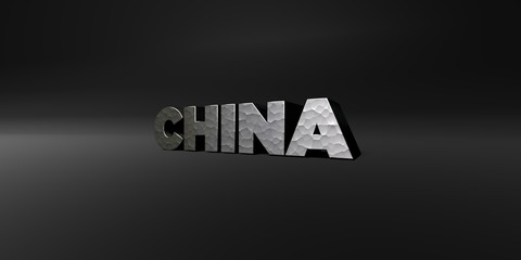 CHINA - hammered metal finish text on black studio - 3D rendered royalty free stock photo. This image can be used for an online website banner ad or a print postcard.