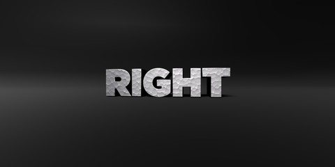 RIGHT - hammered metal finish text on black studio - 3D rendered royalty free stock photo. This image can be used for an online website banner ad or a print postcard.