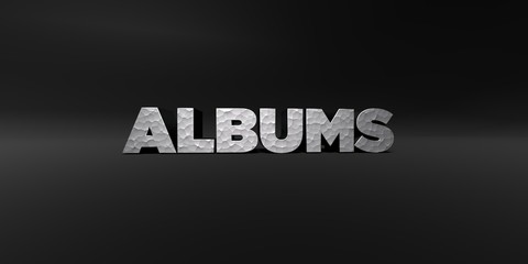 ALBUMS - hammered metal finish text on black studio - 3D rendered royalty free stock photo. This image can be used for an online website banner ad or a print postcard.