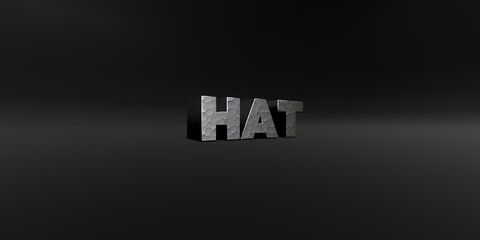 Obraz premium HAT - hammered metal finish text on black studio - 3D rendered royalty free stock photo. This image can be used for an online website banner ad or a print postcard.
