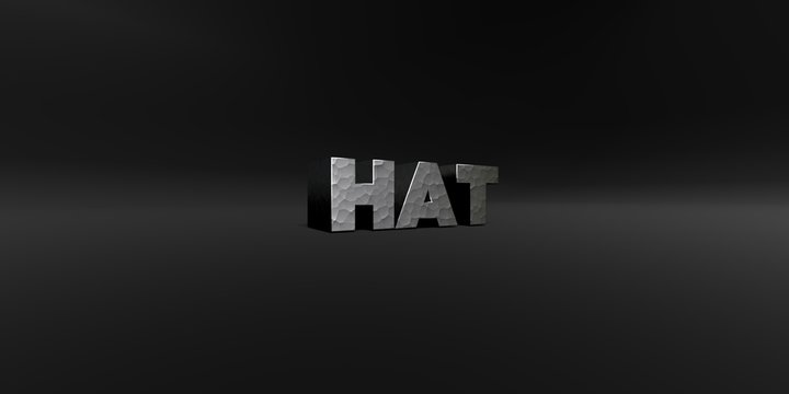 HAT - hammered metal finish text on black studio - 3D rendered royalty free stock photo. This image can be used for an online website banner ad or a print postcard.
