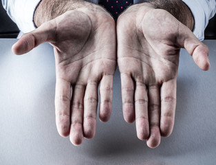 businessman opened empty palms for symbol of generosity, bargain, presentation
