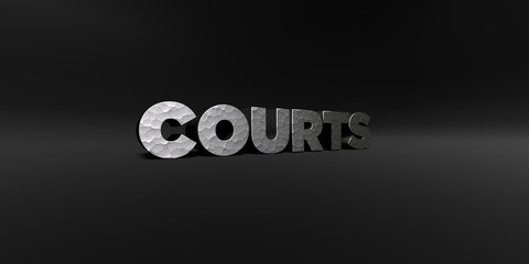 COURTS - hammered metal finish text on black studio - 3D rendered royalty free stock photo. This image can be used for an online website banner ad or a print postcard.