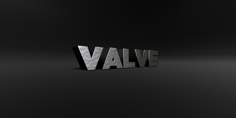 VALVE - hammered metal finish text on black studio - 3D rendered royalty free stock photo. This image can be used for an online website banner ad or a print postcard.