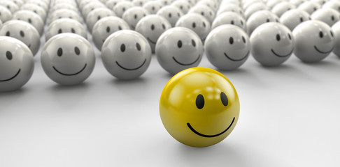 gelber 3D Smiley mit Grupper oder Follower im Hintergrund - Konzept Twitter