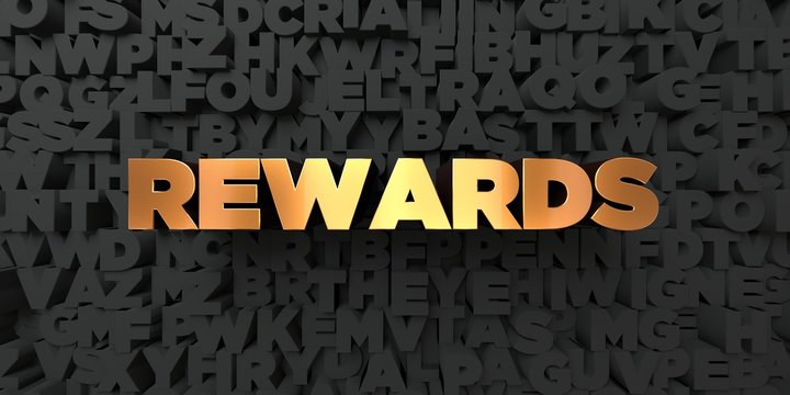 Rewards - Gold text on black background - 3D rendered royalty free stock picture. This image can be used for an online website banner ad or a print postcard.