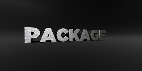 PACKAGE - hammered metal finish text on black studio - 3D rendered royalty free stock photo. This image can be used for an online website banner ad or a print postcard.