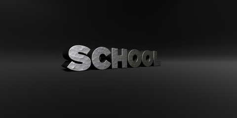 SCHOOL - hammered metal finish text on black studio - 3D rendered royalty free stock photo. This image can be used for an online website banner ad or a print postcard.