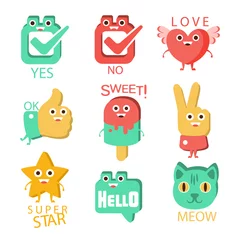 Fotobehang Words And Corresponding Illustrations, Cartoon Character Items With Eyes Illustrating The Text Emoji Set. © topvectors