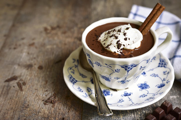 Hot chocolate with whipped cream in a vintage cup.