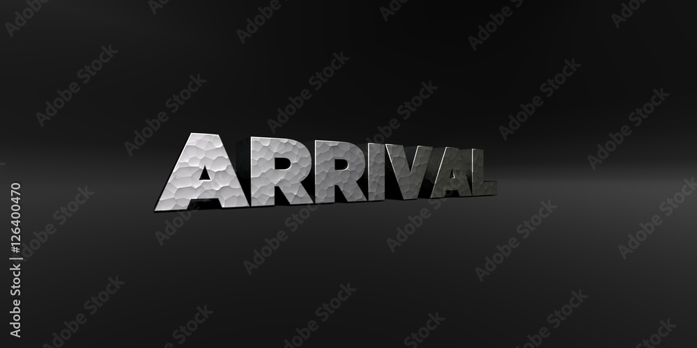 Fototapete arrival - hammered metal finish text on black studio - 3d rendered royalty free stock photo. this im