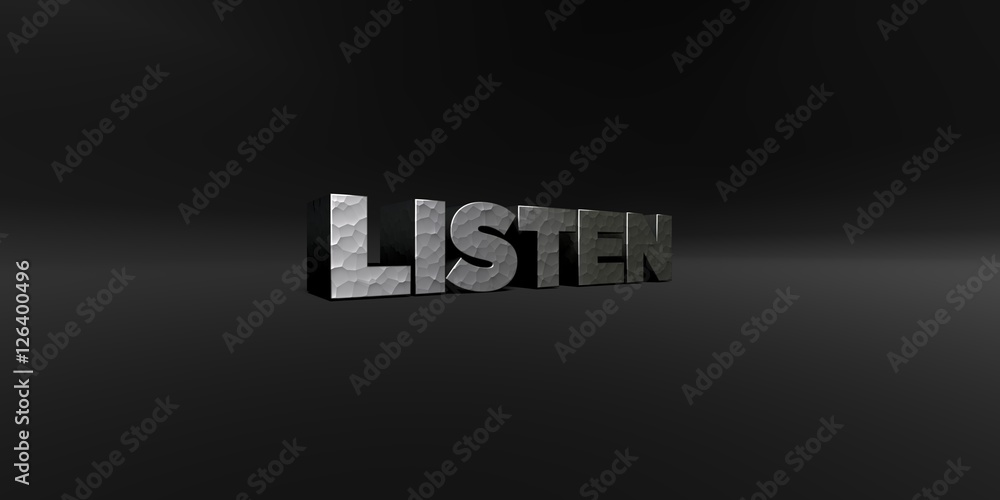 Fototapete listen - hammered metal finish text on black studio - 3d rendered royalty free stock photo. this ima